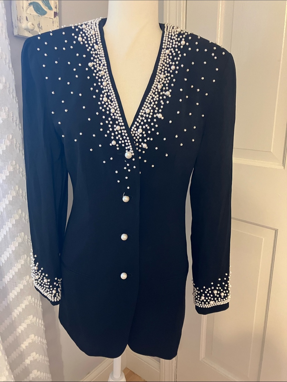 Vintage 90s 80s Per Se pearl embellished black jacket with shoulder pads S VGUC